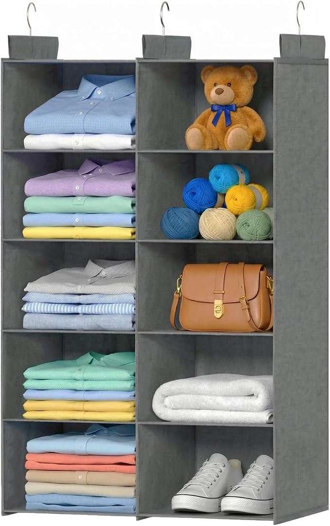 5 Tier Hanging Closet Organizer, Dual Row Wardrobe Storage with Hooks, Grey | 158.3L Extra-Large Closet Storage, Strong Hooks & Thick Fabric Hold Heavy Garments, Foldable Design Saves Closet Space.