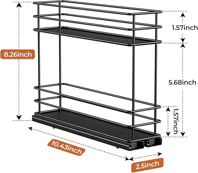 Mystozer Pull Out Spice Rack Organizer for Cabinet, Slide Out Spice Racks, Easy to Install Spice Cabinet Organizer, 2.5" Wx10.43 Dx8.26 H, 1 Drawer 2 Tiers（Black）