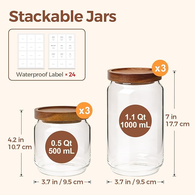 ComSaf Glass Pantry Storage Container with Acacia Wood Lids 1.1/0.5Qt 6Pack | Food Canister for Cooks, Oats Coffee Sugar Nuts Snacks Tea Candy, Pantry Kitchen Living Room, Stacked Design, Jar with Labels