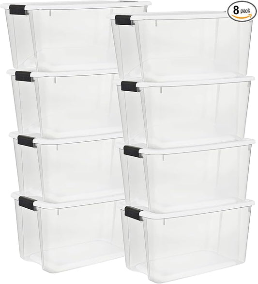 Sterilite 8-Pack 70 Quart Ultra Latch Box, Clear Storage Organizer Bins with Latching Lids - Stackable Plastic Containers for Home Organization in Garage, Attic, Basement, and Closet