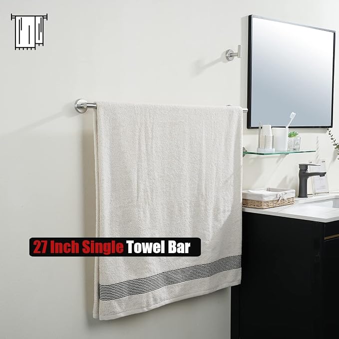 JQK Bath Towel Bar, 30 Inch 304 Stainless Steel Thicken 0.8mm Single Towel Rack for Bathroom, Towel Holder Brushed Finished Wall Mount, Useable Length 27 Inch, TB110L27-BN