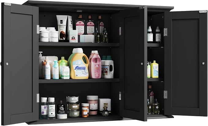 ChooChoo Laundry Cabinet with 3 Doors and Adjustable Shelves | 9.06"D x 31.1"W x 24"H, Bathroom Wall Cabinet, Cupboard, Black