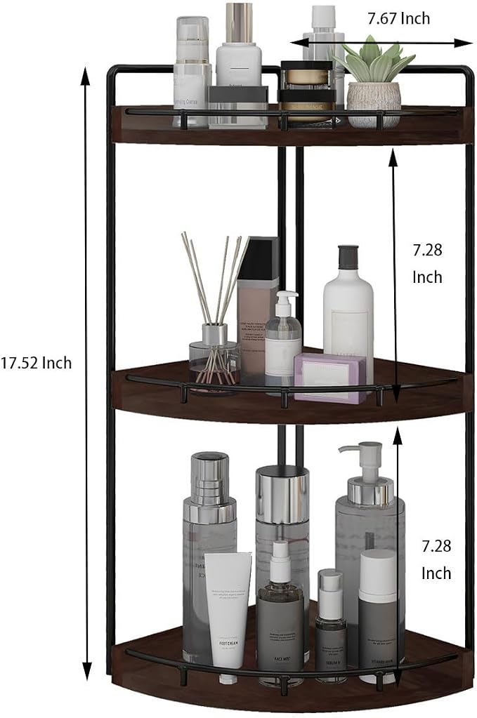 Dorhors Corner Bathroom Organizer Countertop,Vanity Counter Storage Shelf | 3 Tier Walnut Stand Rack Holder for Kitchen,Dresser,Restroom,Wood Bathroom Sink Tray for Makeup,Perfume,Skincare,Lotion