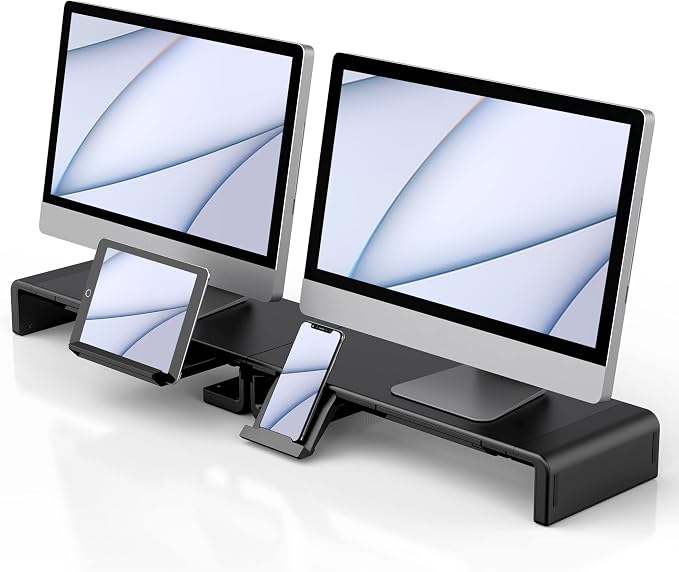 Klearlook Computer Monitor Stand for Desk, Adjustable Foldable Monitor Riser with Storage Drawer & Tablet Phone Holder for Office, Home, Laptop, Desktop (Black 2 Pack)