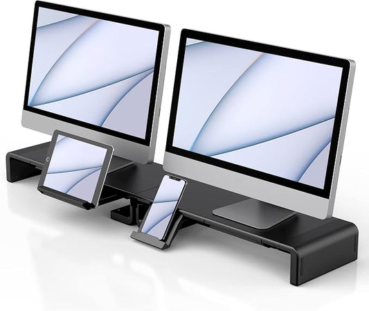 Klearlook Computer Monitor Stand for Desk, Adjustable Foldable Monitor Riser with Storage Drawer & Tablet Phone Holder for Office, Home, Laptop, Desktop (Black 2 Pack)