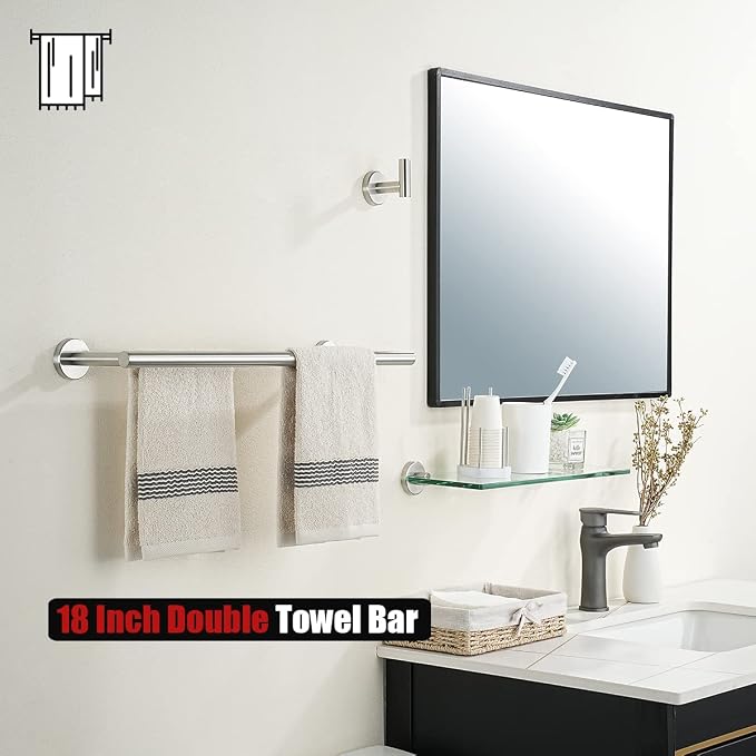 JQK Double Bath Towel Bar, 20.5 Inch 304 Stainless Steel Thicken 0.8mm Towel Rack Bathroom, Towel Holder Brushed Finished Wall Mount, Useable Length 18 Inch 2 Pack, TB100L18-BN-P2
