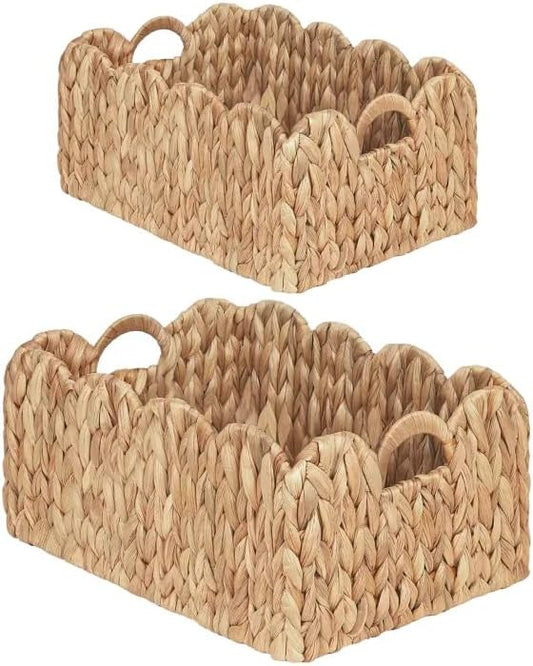 iEGrow Scalloped Wicker Basket, Set of 2 Woven Rattan Natural Water Hyacinth Baskets with Built-in Handles, Rectangle Storage Baskets for Organizing, Decor, Shelf and Nursery Room