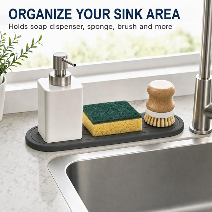 2PCS Water Absorbing Stone Drying Tray Mat for Bathroom Sink & Kitchen Counter Faucet Organizer Decor, Quick Dry Dish Soap Dispenser Sponge Holder, Vanity Caddy Coaster,Dark Gray -10"*3.8"