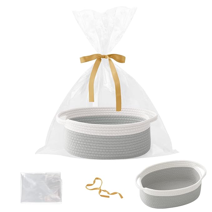 Woven Rope Basket - Baby Gift Basket with Bag & Ribbon, White&Grey | Cotton rope with handle, 12 x 8 x 5 in, gift bag and ribbon, for baby shower, birthday, toy storage, nursery, shelf decor