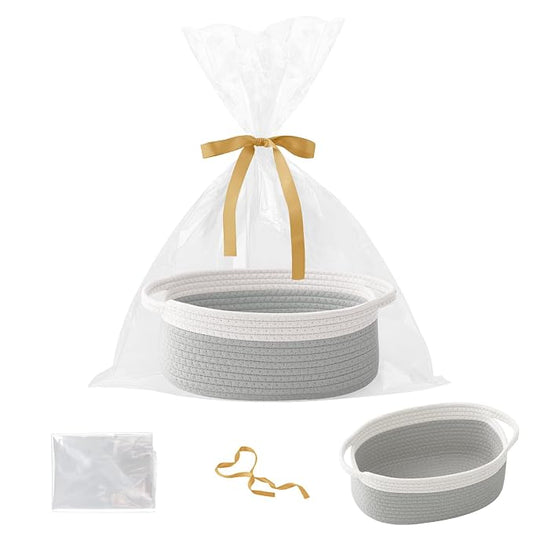 Woven Rope Basket - Baby Gift Basket with Bag & Ribbon, White&Grey | Cotton rope with handle, 12 x 8 x 5 in, gift bag and ribbon, for baby shower, birthday, toy storage, nursery, shelf decor