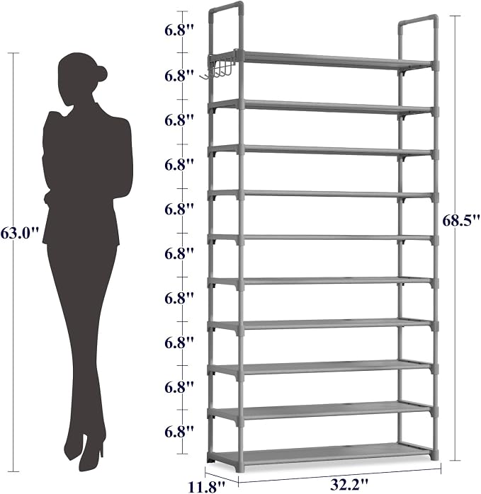 Kitsure 10 Tier Shoe Rack, Tall Shoe Organizer, 32.2" Wide, Gray | Large-Capacity Shoe Storage with Hooks, Shoe Shelf for Closet, Entryway, Bedroom, Living Room, Zapateras Organizer