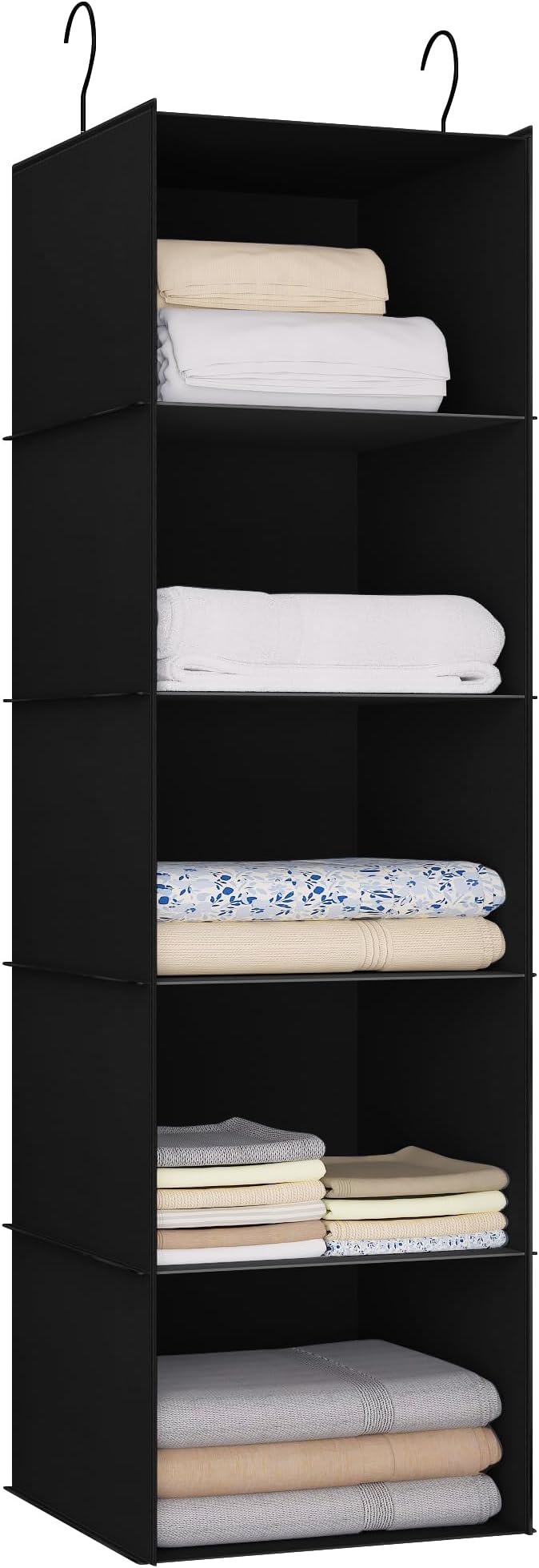 Hanging Closet Organizer 5-Shelf, Oxford Fabric Wardrobe Storage, Black | Easy-mount foldable design holds clothes, handbags, shoes & accessories; washable Oxford fabric, sturdy and space-saving.