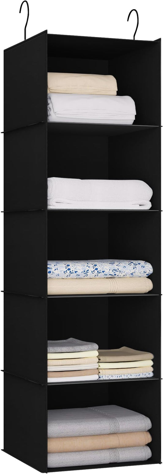 Hanging Closet Organizer 5-Shelf, Oxford Fabric Wardrobe Storage, Black | Easy-mount foldable design holds clothes, handbags, shoes & accessories; washable Oxford fabric, sturdy and space-saving.