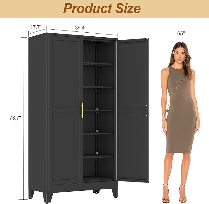 79" Black Metal Storage Cabinet with 2 Doors and 5 Adjustable Shelves,Steel Garage Tool Cabinet, File Cabinet,Kitchen Pantry Cabinet for Home,Office,Garage,School,Warehouse