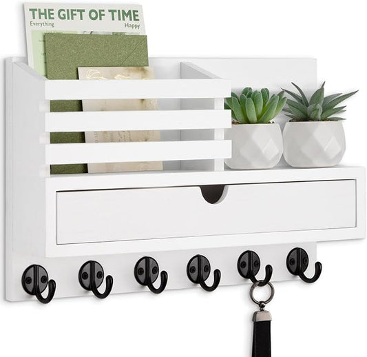Key Holder Wall Mount, Mail Holder with Storage Drawer and 6 Key Hooks for Coat, Dog Leash, Home Decor Rack, House Accessories, Entry Way Organizer