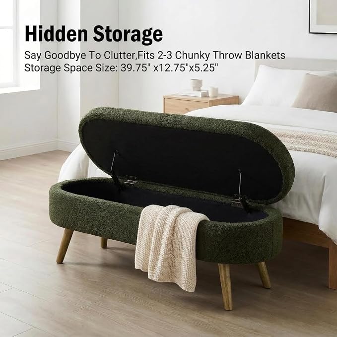 43.5” Storage Ottoman Bench，Upholstered Oval End of Bed Bench for Bedroom | Modern Linen Ottoman with Storage, Entryway Foot Rest with Wooden Legs, Lift-Top Lid with Safety Hinge, Living Room, Green