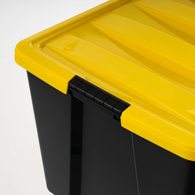 IRIS USA 4-Pack 94 Quart Storage Bins with Lids, Black/Yellow | Black finish conceals stored items. Ideal for holiday décor, bulky items, and long-term storage. Nestable design saves space