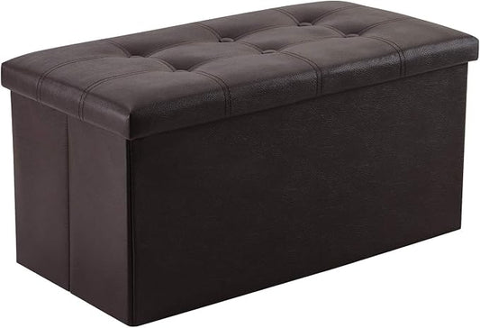 YOUDENOVA 30" Ottoman with Storage, Folding Faux Leather Bench, Brown | Foldable ottoman with hidden storage, padded faux leather seat for living room, bedroom and entryway.