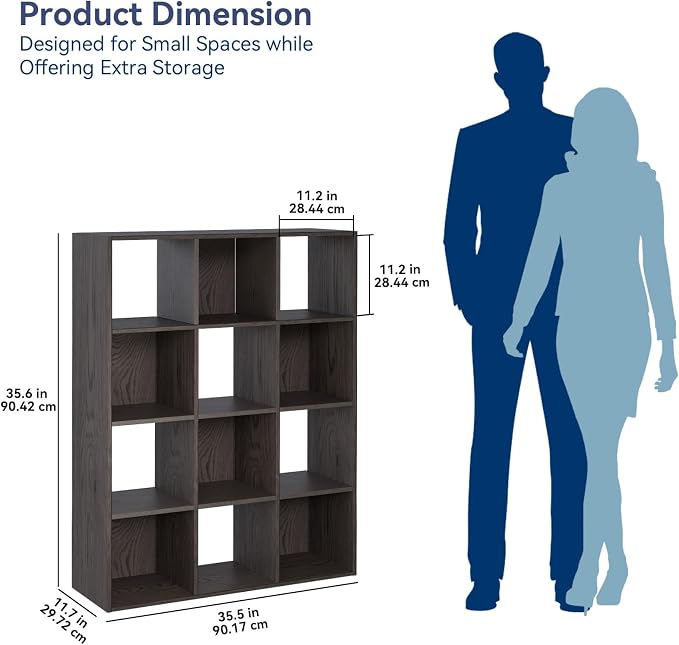 Whitmor 12 Cube Storage Organizer, 4 Tier Stackable Mdf Wood Bookcase, Open Storage Display Bookshelf, Storage Cabinet for Living Room, Bedroom, Home, Office, 35.1"L x 11.7"W x 47.5"H, Espresso