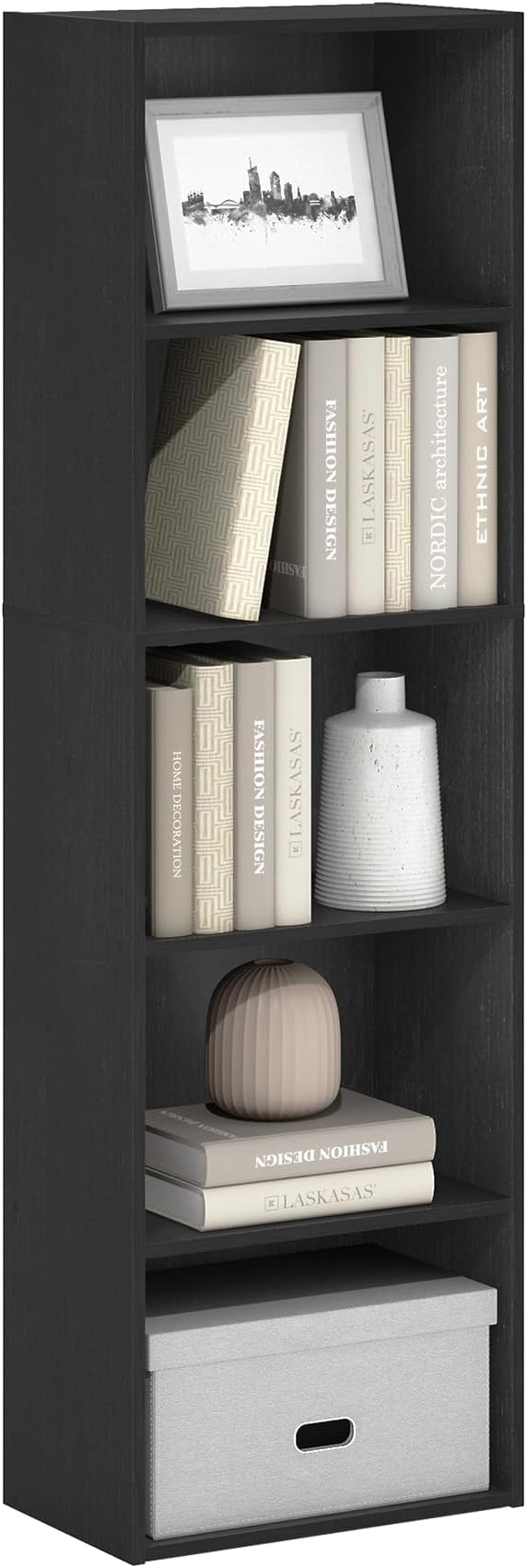 Furinno LUDER Book Shelf, 5-Tier Bookshelf, Bookcase with Open Shelves, 9.4 x 15.8 x 52, Easy Assembly, for Living Room, Bedroom, Home Office, Blackwood