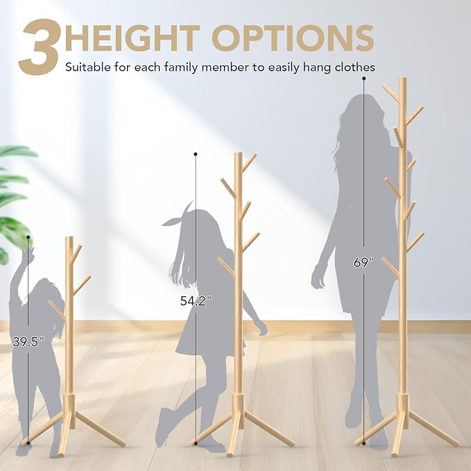 Wooden Coat Rack Freestanding with 8 Hooks,Easy Assembly New Zealand Pine Tree Coat Racks, 3 Adjustable Sizes for Clothes, Hats, Bags, for Entryway, Hallway, Bedroom, Office (Natural, 1 PC)