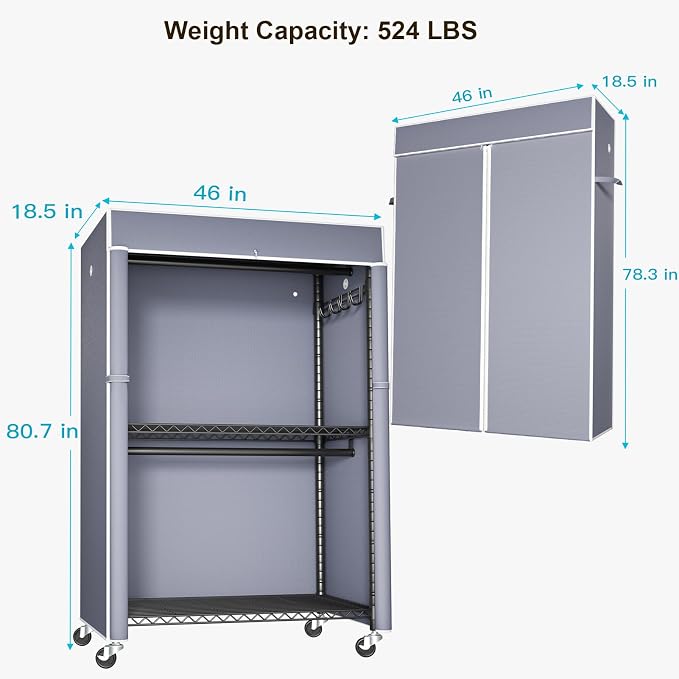 Black Clothing Rack with Grey Cover, P1C Plus Rolling Closets | Metal Garment Rack with Wheels for Hanging Clothes, Portable Clothing Storage Wardrobe
