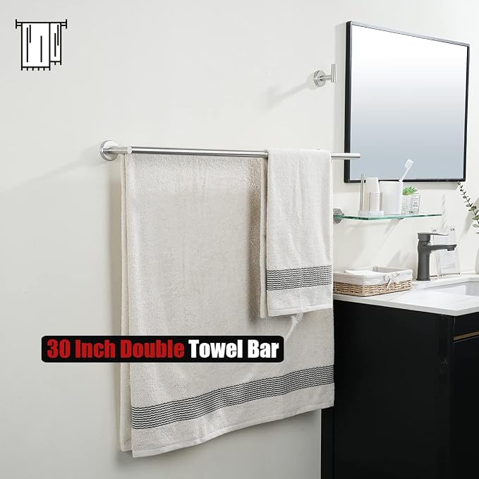 JQK Double Bath Towel Bar, 33 Inch 304 Stainless Steel Thicken 0.8mm Towel Rack for Bathroom, Brushed Finished Wall Mount, 30 Inch Useable Length 2 Pack, TB100L30-BN-P2