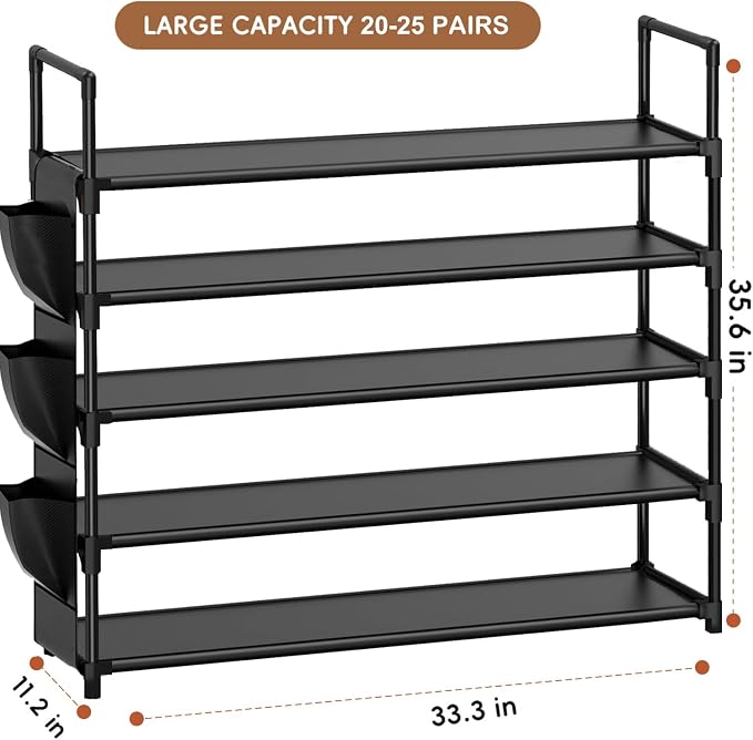 OYREL Shoe Rack 5 Tier 20-25 Storage Capacity Shoes Organizer | Closet, Entryway, Garage, Door Entrance, Space Saving Shoes Holder Stand, Sturdy Metal Free Standing Boot Shelf Tower Black