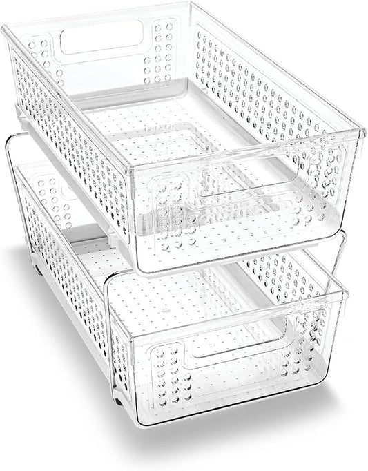 madesmart 2 Tier Organizer, Under Cabinet Storage with Pull Out Sliding Drawers, for Cleaning Supplies, Undersink Storage, Sponges, Bottles & Bath, Adjustable Dividers & Pull Out Baskets, Clear