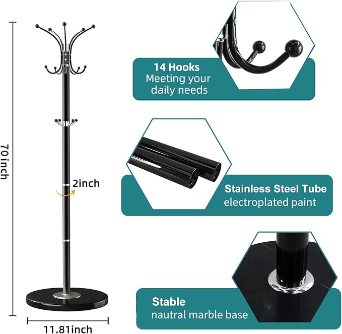 OIRUMIE Coat Rack,360°Rotary Coat Rack Stand,Coat Hanger Stand for Entryway | Metal Coat Rack Freestanding with Natural Marble Base & 14 Hooks,Black Modern Coat Stand, Clothes Hall Stand for Hallway