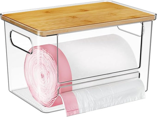 Trash Bag Holder, Acrylic Garbage Bag Dispenser with Bamboo Top | Extra Large Trash Bags Dispenser Under Sink for Kitchen, Pantry, Laundry Room, Cabinet Organizer and Storage (1 PACK)