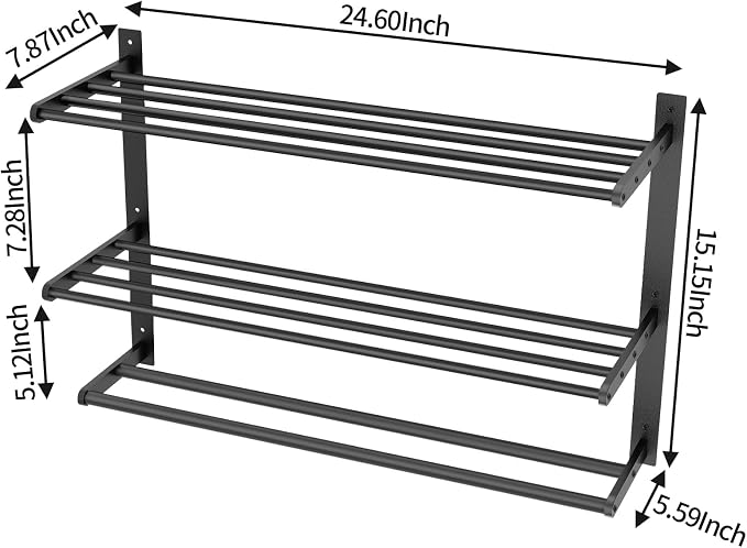 Bethom Bathroom Towel Rack with 2 Bars, 24 Inch Towel Shelf, Matte Black | 3-Tier Hotel Towel Racks for Bathroom Wall Mounted, Bath Towels Storage, Stainless Steel