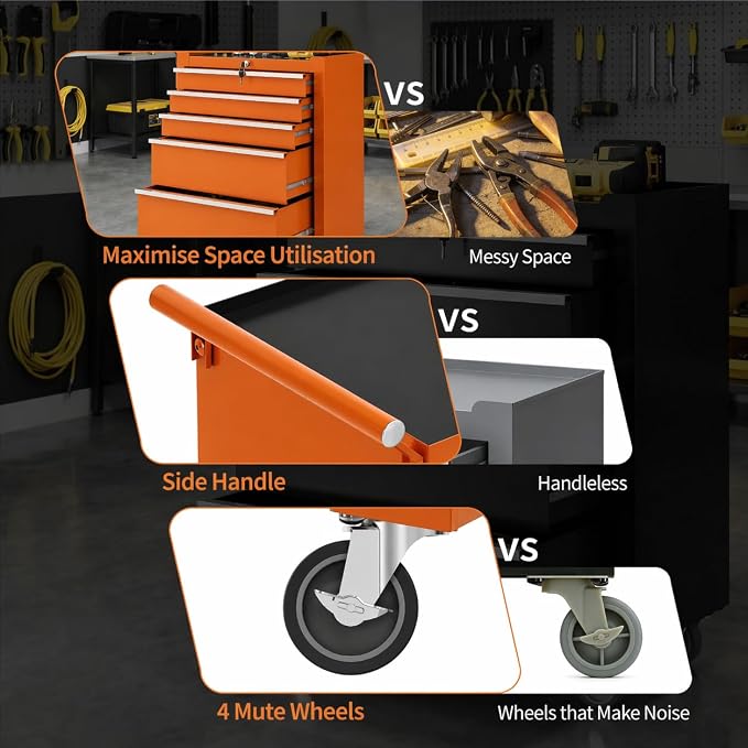 Garvee Rolling Tool Chest, 5 Drawers Tool Storage Cabinet, Toolbox with Wheels, Portable Tool Cabinet Organizer with Locking System & Drawer Liners, Tool Storage Cart for Garage, Workshop, Orange