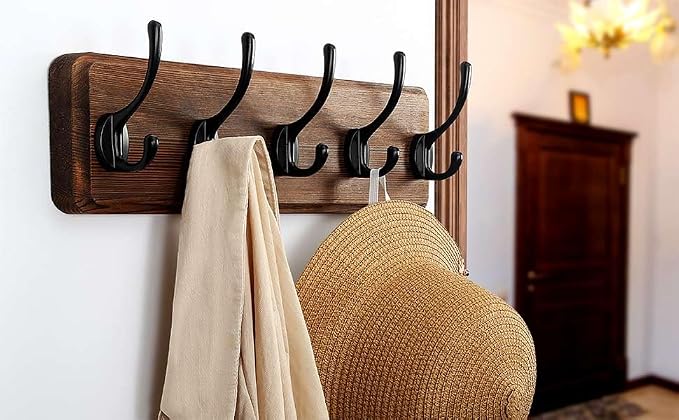 Wall Mounted Coat Rack: Patented, Heavy-Duty, 17.4" Long 5-Double-Hooks Wooden Hanger Rail for Winter Coats, Hat, Jacket, Clothing - Natural & Black, Pack of 2