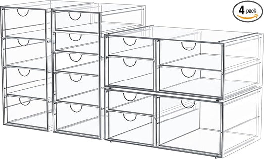 caktraie 4-Pack Acrylic 16-Drawer Storage & Makeup Organizer for Desk | Smooth-glide drawers, clear acrylic, stackable, dustproof, wipe clean, for office supplies, pens, jewelry, makeup