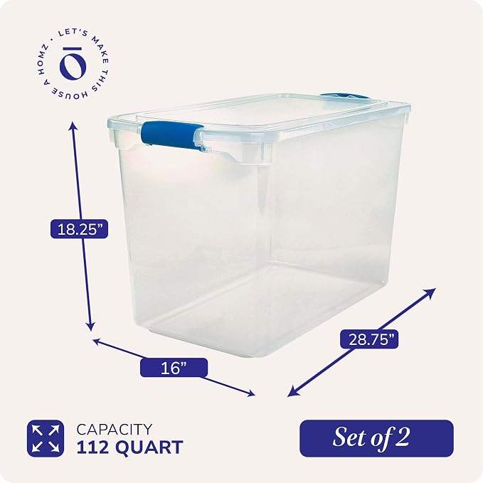 HOMZ 112 Quart Secure Seal Latch Clear Plastic Bin | Stackable & Nestable | Easy Grip Latching Handles | Home, Office, Dorm Room Organization | Blue Handles, 2 Pack