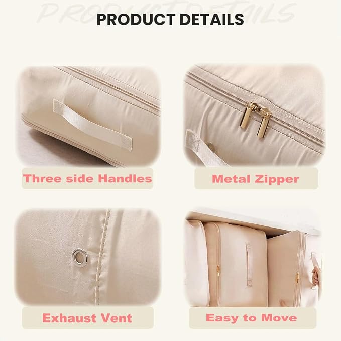 Comforter Storage Bag, Bedding & Blanket Self Compression Storage Organizer | Compression Storage Bag for Blanket Storage, 3-Layer Thick Satin Fabric Heavy Duty Bags for Pillow Duvet (Beige, XL, 2PCS)