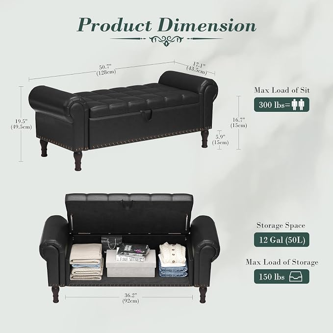 Apicizon 51” Bench with Storage, Queen Size Faux Leather End of Bed Bench with Tufted Button, Ottoman Bench with Rolled Arms & Vintage Rivets for Foot of Bed, Living Room, Entrance, Black