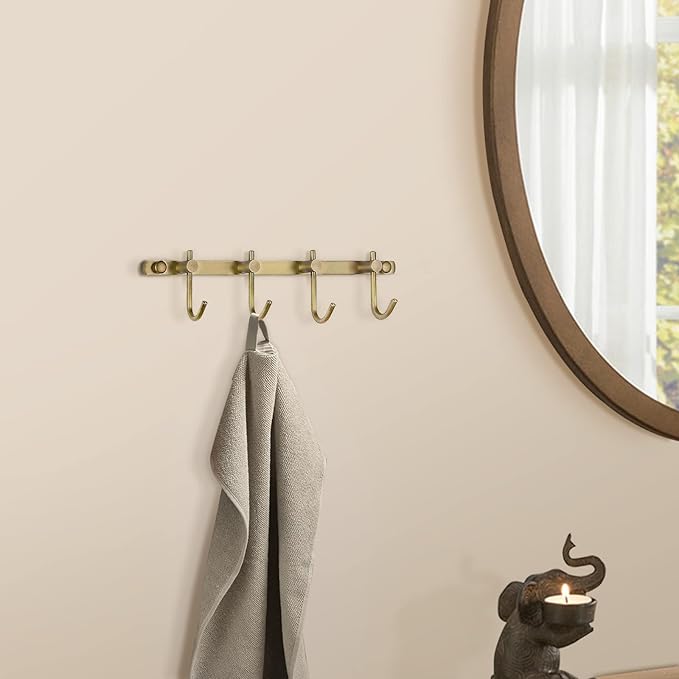 WINCASE Brass Towel Hook Rack, Brushed Brass Wall Hook Rack, Antique Brass Row Hooks with 4 Hooks Rustic Wall Mounted