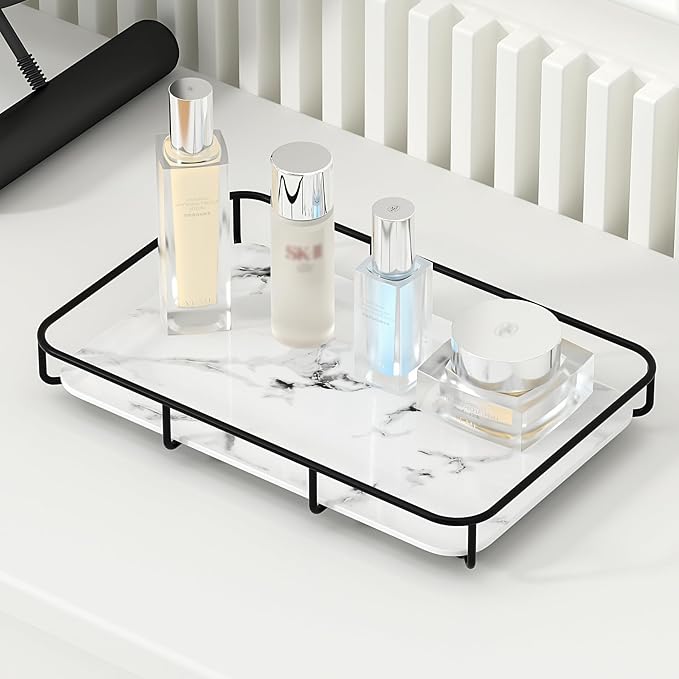 Dobbyby Vanity Tray Makeup Organizer Cosmetics Storage Bathroom Skincare Organizer Countertop Display Rack in Dresser Stainless Steel Shelf Marble Print Ceramic Trays