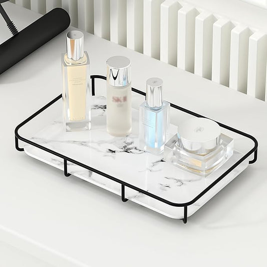 Dobbyby Vanity Tray Makeup Organizer Cosmetics Storage Bathroom Skincare Organizer Countertop Display Rack in Dresser Stainless Steel Shelf Marble Print Ceramic Trays