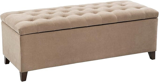 Madison Park 49" Upholstered Storage Bench, Button Tufted End of Bed Bench with Storage, Dual Spring Soft-Close Lid, Bedroom Bench for Queen King Bed, Entryway Living Room, Sand