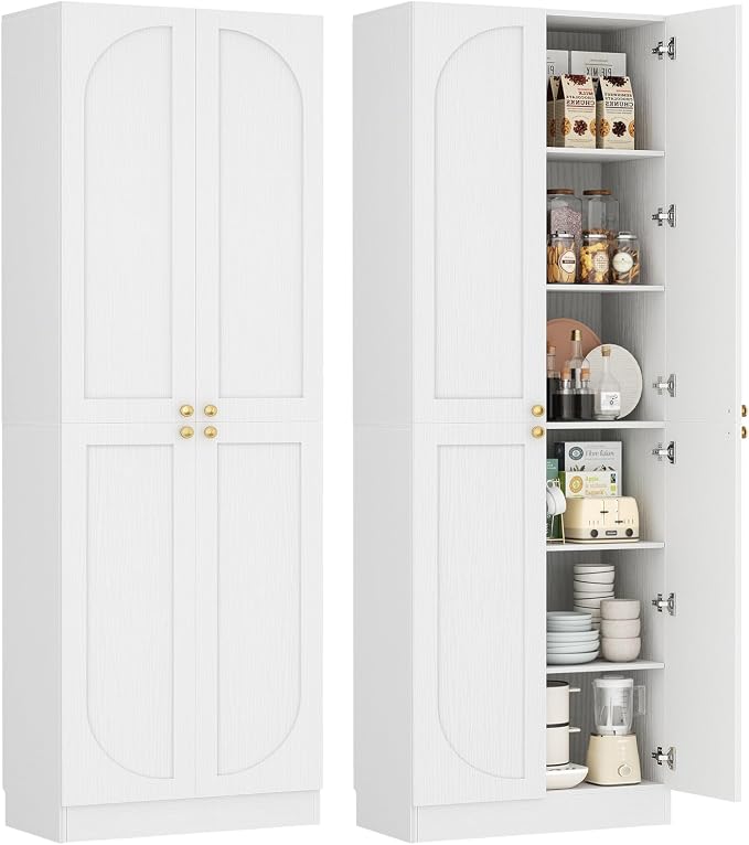 Cyclysio 80" Kitchen Pantry, Extra Tall Arch Storage Cabinet with 4 Soft Close Doors and Adjustable Shelves, Freestanding Wood Cupboard with Seamless Fit Wall for Dining Living Room Bathroom Furniture