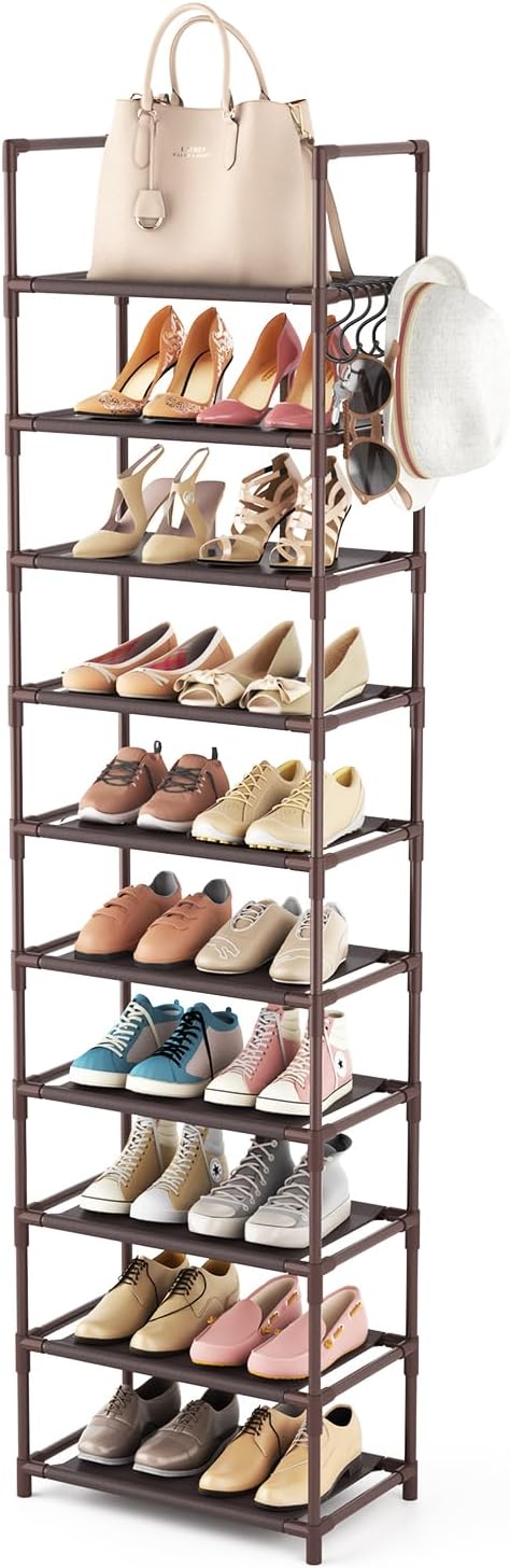 LANTEFUL 10 Tiers Tall Shoe Rack 20-25 Pairs Boots Organizer Storage Sturdy Narrow Shoe Shelf for Entryway, Closets with Hooks, Brown