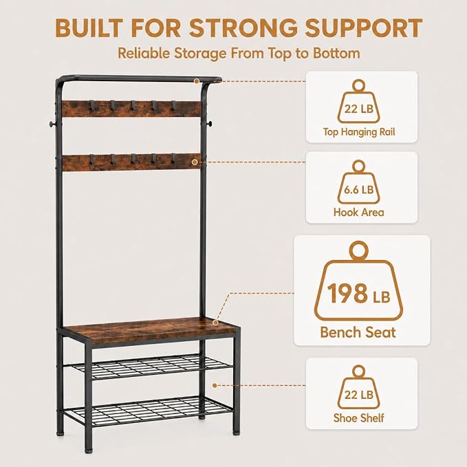 Simple Deluxe 4-in-1 Hall Tree with Bench and Shoe Storage, Entryway Coat Rack with 10 Hooks, Freestanding Mudroom Organizer with 2-Tier Shoe Rack for Entryway Bedroom Foyer, Brown