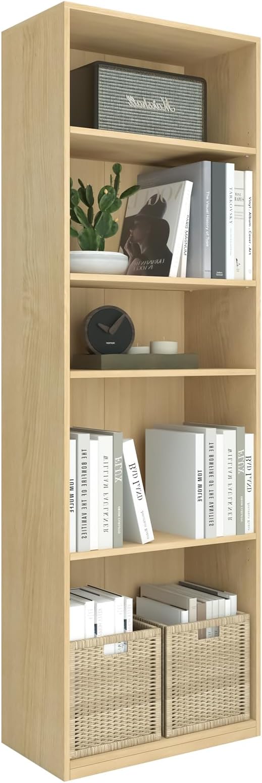 CTESNE【2026 Adjustable Shelves 5-Tier Bookcase, 71 inches, Wooden Open Display Floor Bookshelf (Oak Color)