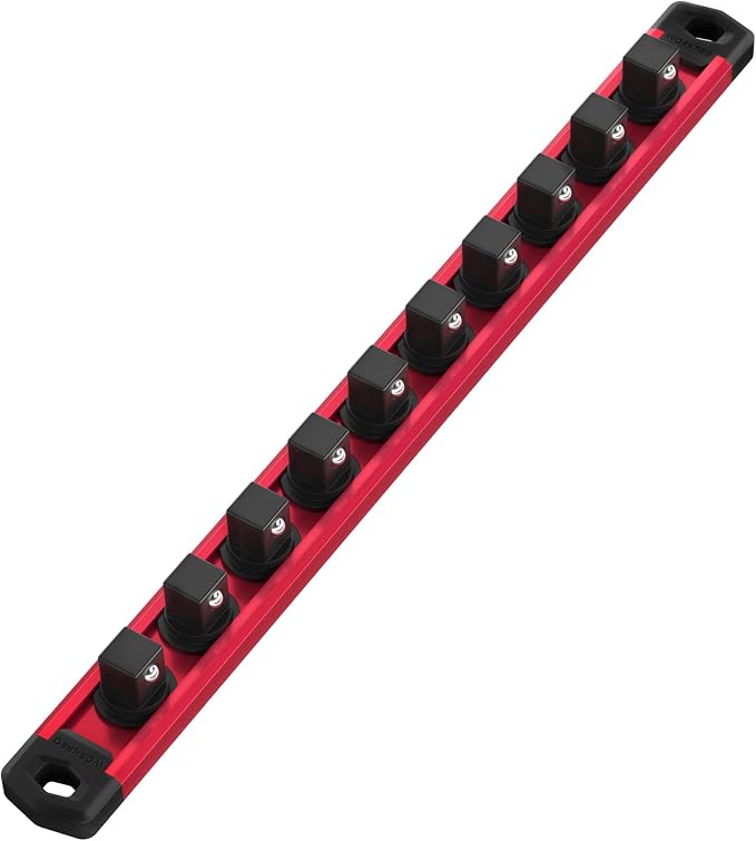 WORKPRO Magnetic Socket Organizer, Heavy Duty 1/2-Inch Drive Socket Rail | 1 Piece Socket Holder with 10 Spots, Aluminum Alloy, Rotatable & Movable Clips, Efficient Organization