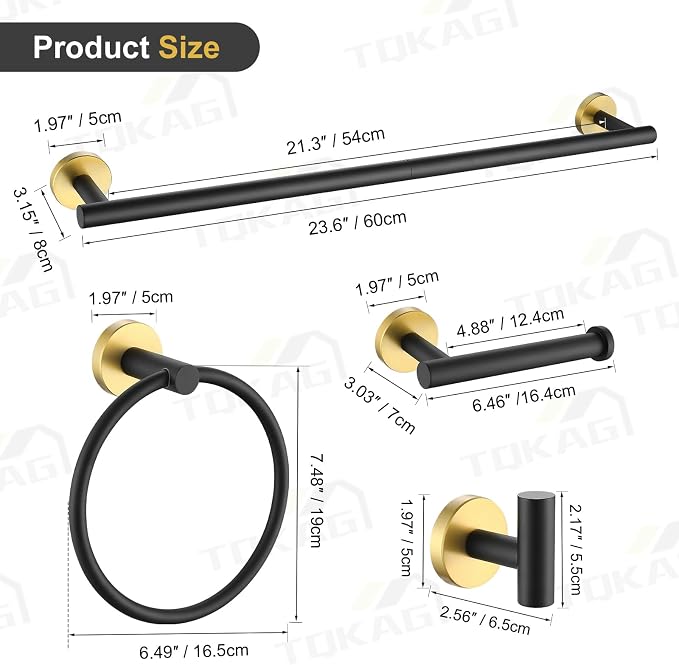 TQKAG Black and Gold Bathroom Hardware Set 6-Piece Bathroom Accessory Set 23.6 Inch Round Stainless Steel Towel Bar Set Wall Mounted