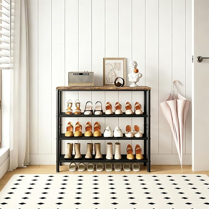 INGIORDAR 4 Tier Shoe Rack Storage Organizer Shelf Top with MDF Board | Space-Saving,with 3 Layer Fabric,stores 16+Pairs of Shoes for Closet,Entryway,Bedroom,Living Room Garage,Black+Rustic Brown