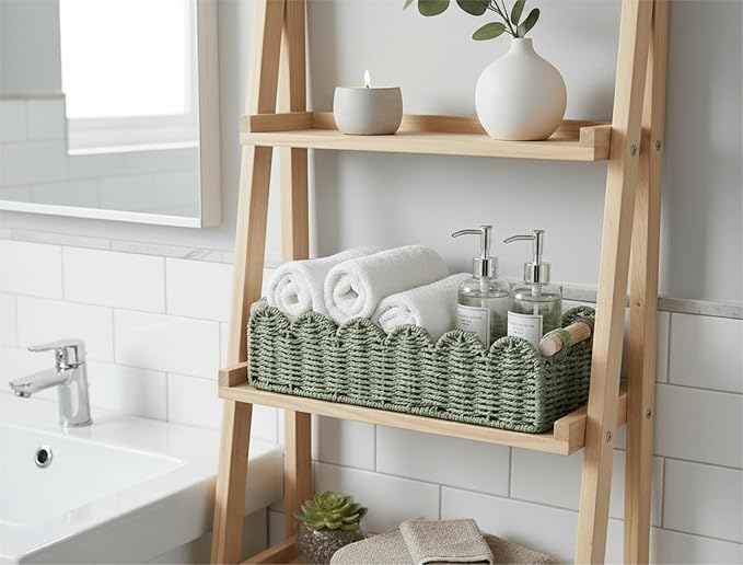 CubesLand Scalloped Toilet Paper Storage Basket W/Handle for Home Decor | Paper Rope Toilet Organizer Basket for Countertop, Over Toilet Shelf, End Table, Living Room Cozy Decorative & More, Green
